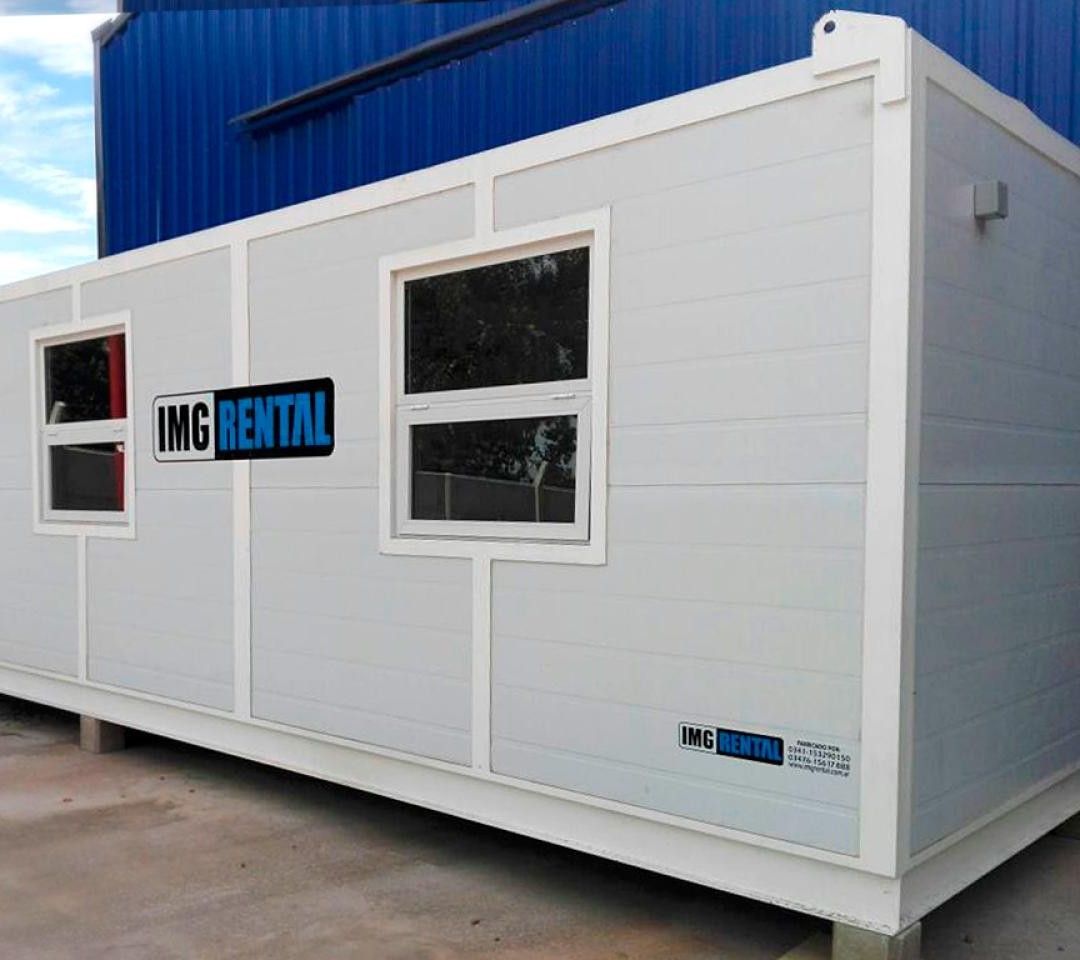 Módulo de oficina IMG Rental con ventanas, listo para entregar en obra